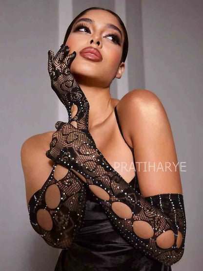 Rhinestone Fishnet Gloves