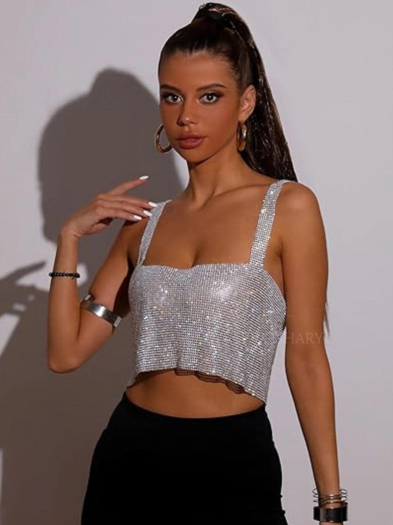 Metallic Square Neckline Crop Top