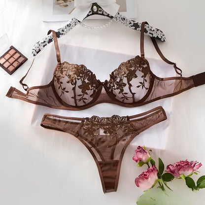 Brown Floral Embroidery Sheer Bikini Set