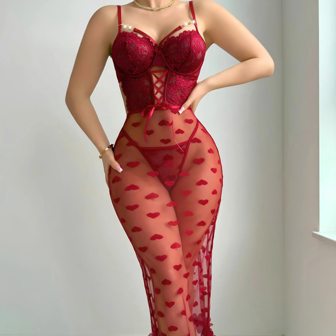 Heart Print Sexy lingerie Lace Babydoll Longgown