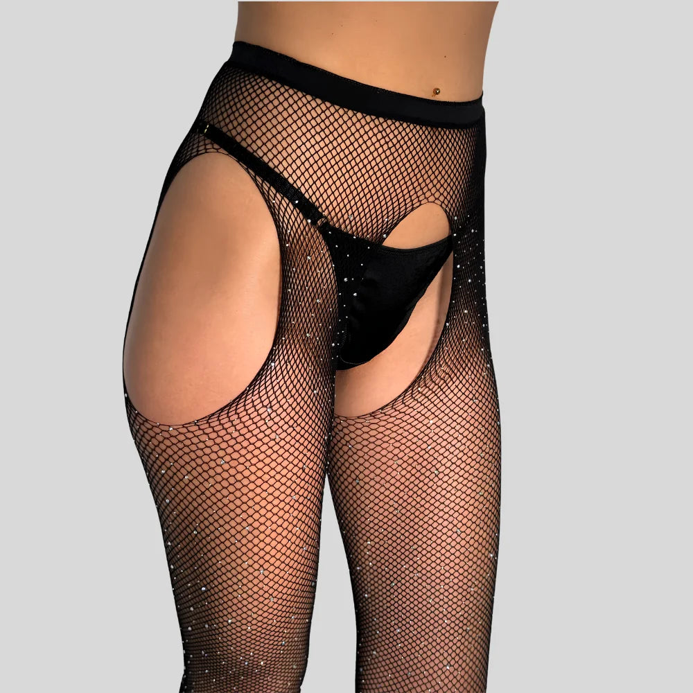 Open-Crotch Sheer Rhinestone Pantyhose