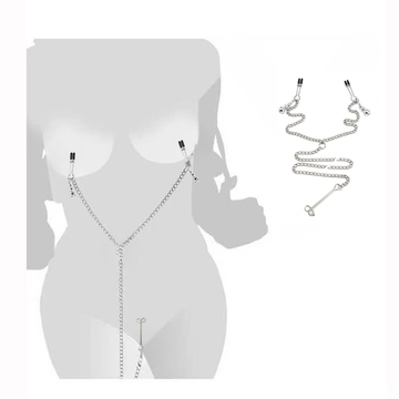 Silver chain nipple clamps with connected body chain and front clamp