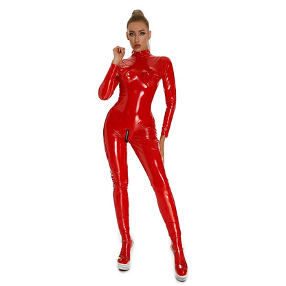 Glossy red high-neck full-sleeve catsuit, full-length, front view