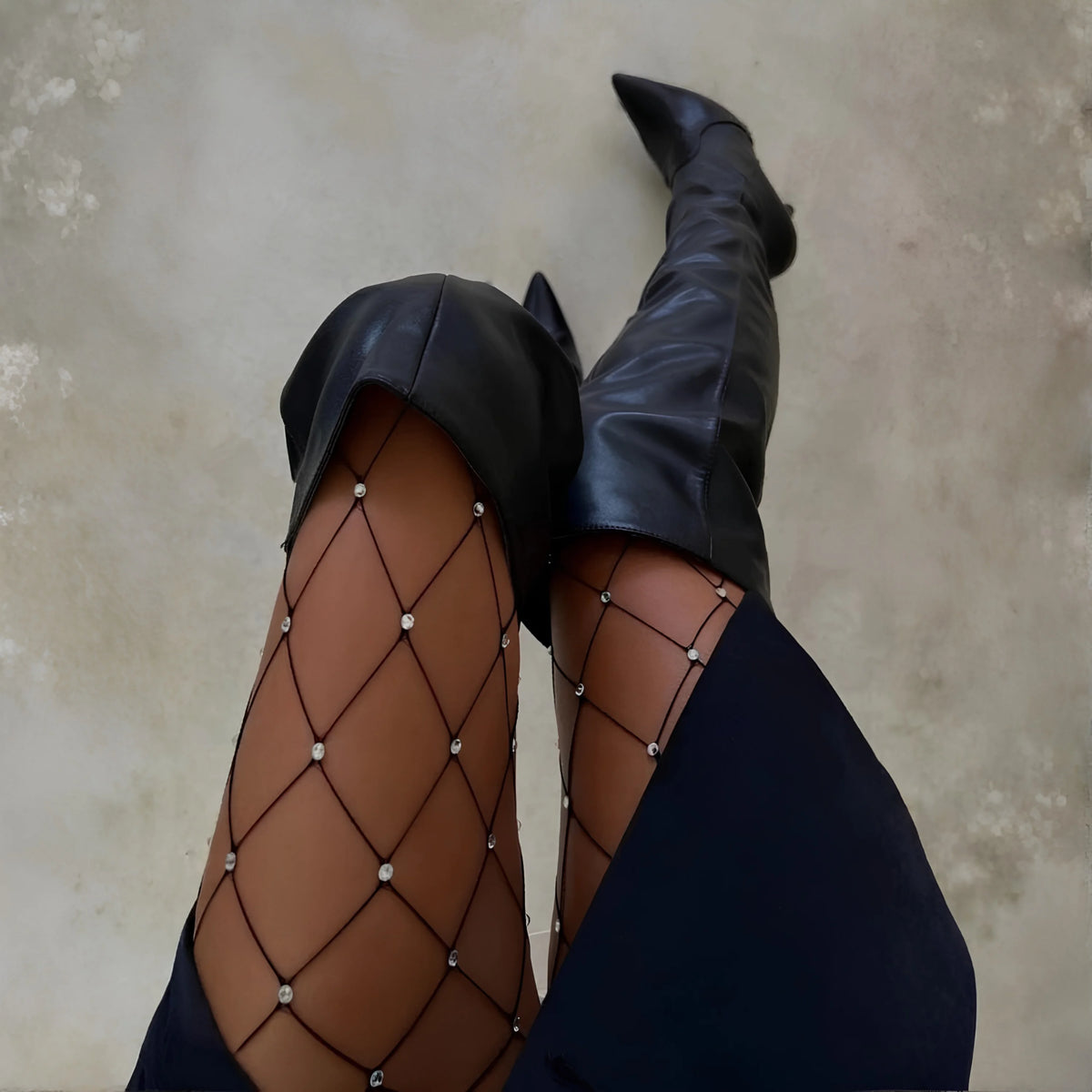 Rhinestone fishnet pantyhose, dark mesh with diamond grid and small silver stones