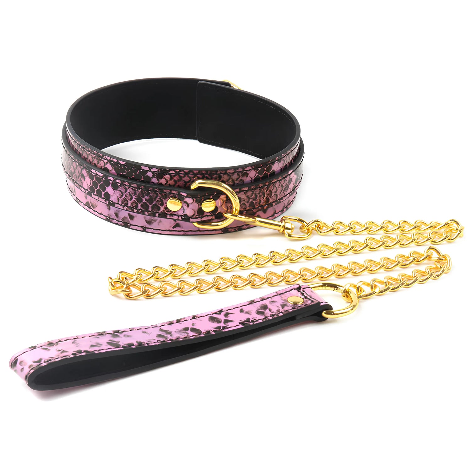 Snake Print BDSM Collar &amp; Cuffs Set with Gold Chain