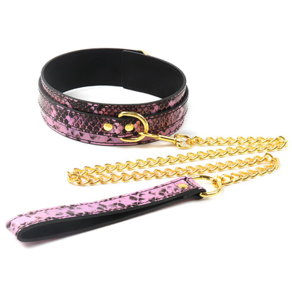 Snake Print BDSM Collar &amp; Cuffs Set with Gold Chain