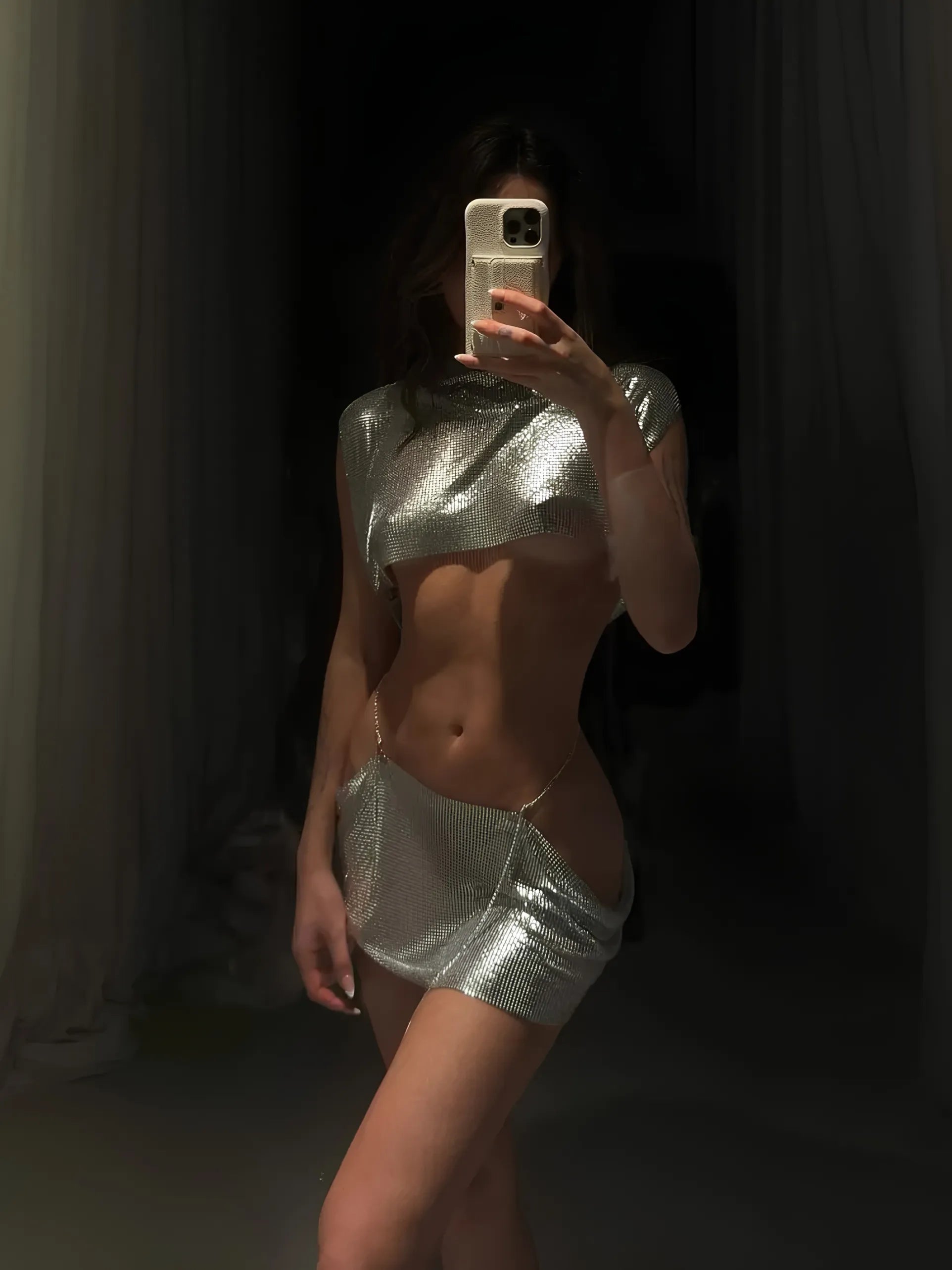 Silver Rhinestone Mesh Crop Top &amp; Mini Skirt Set