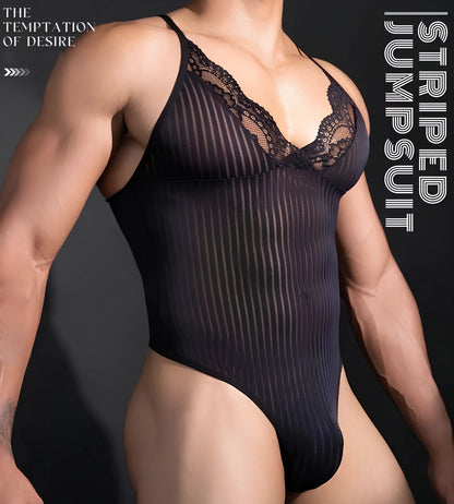 Men’s Sheer Striped LingerieLace Bodysuit Teddy