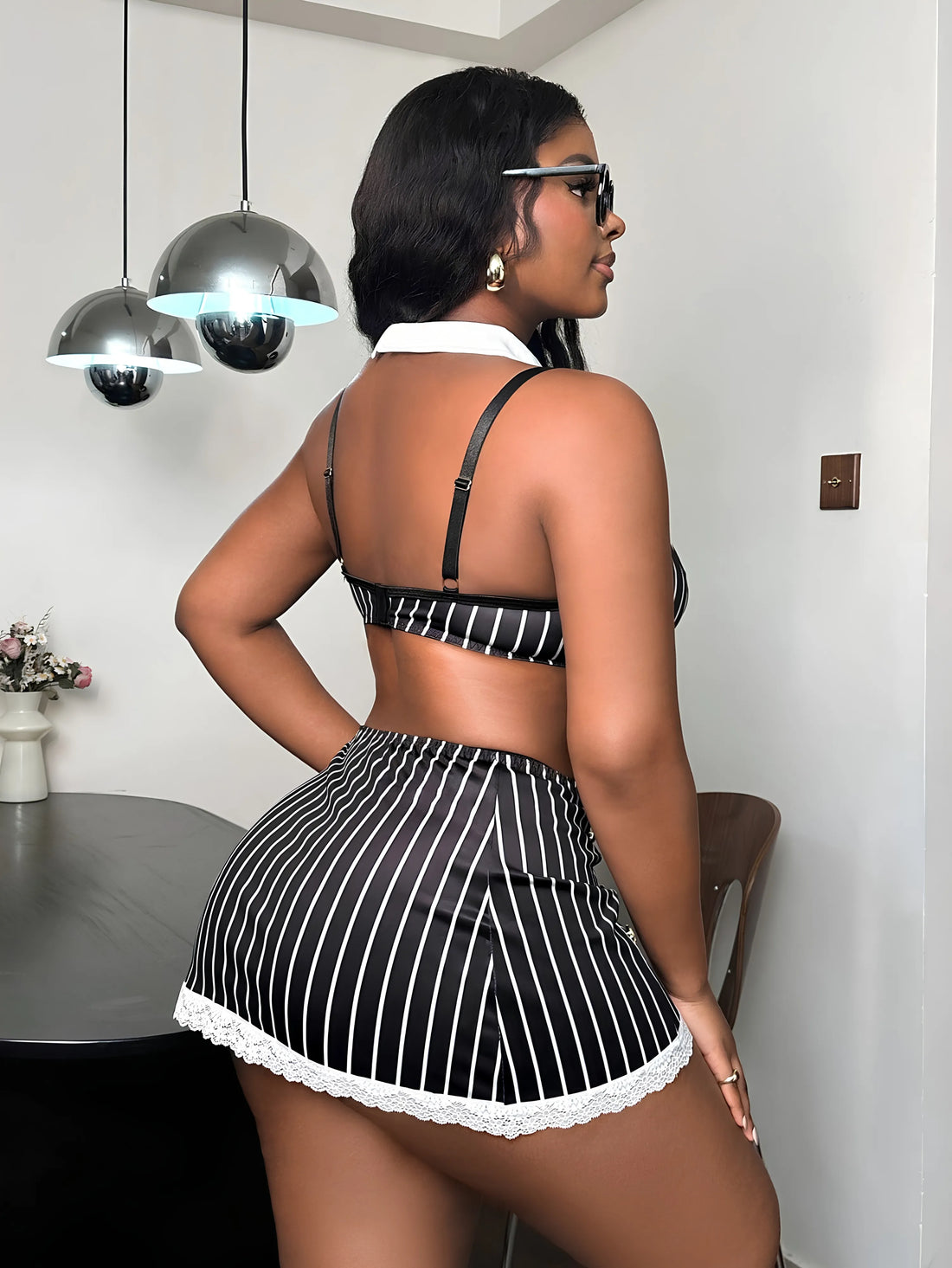 Striped Secretary Roleplay Sexy Lingerie Set - Plus Size