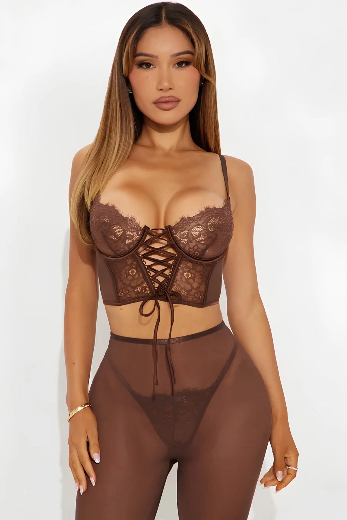 Brown Sexy Lingerie Lace Bustier Corset with Sheer Tights