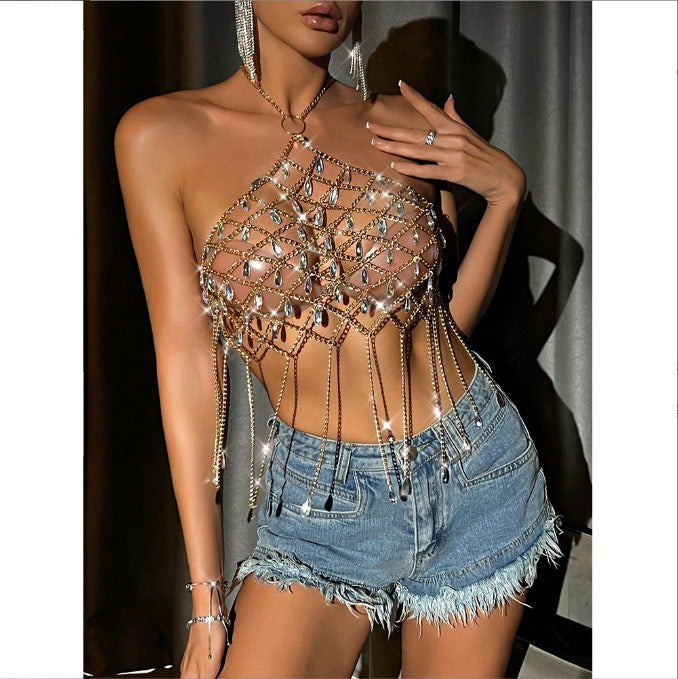 Sexy Fringe Crystal Gemstone Top