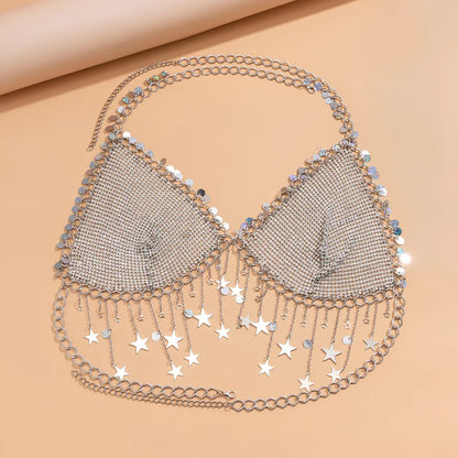 Silver Star Tassel Sexy Lingerie Chain Bikini Set