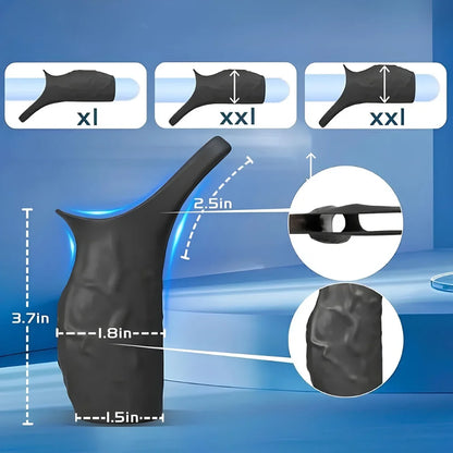 Black wearable vibrating massager with size measurements and close-up detail