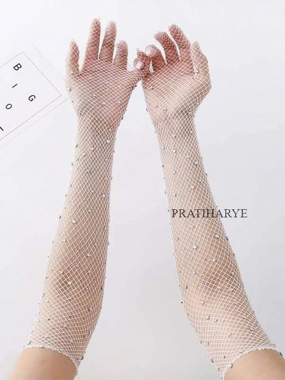 Rhinestone Fishnet Long Gloves