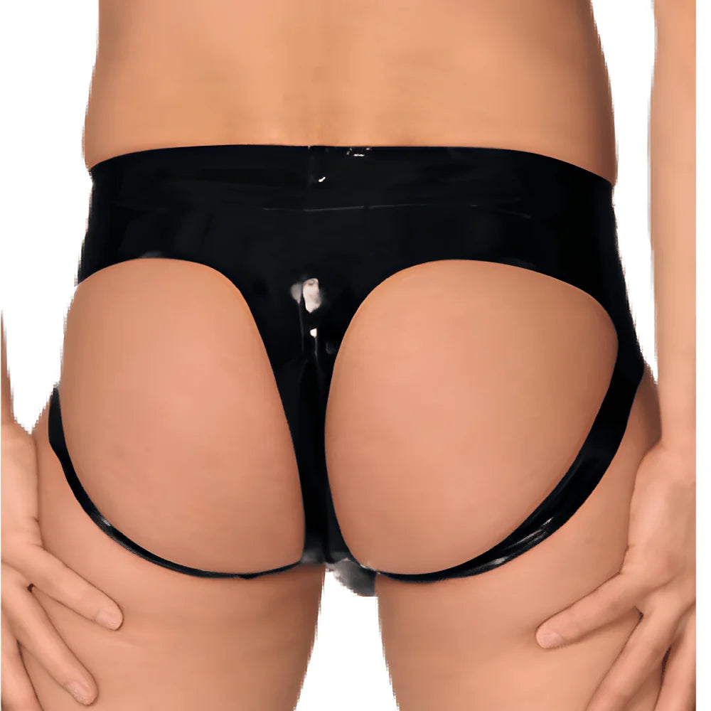 Glossy black open-back thong with center seam and oval back cutout
