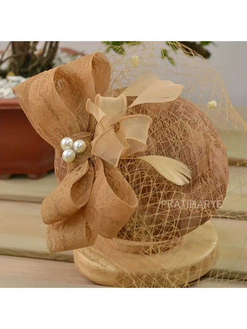 French Elegant Women Banquet Fascinator Hat With Veil Flowers Feather | HAT-14