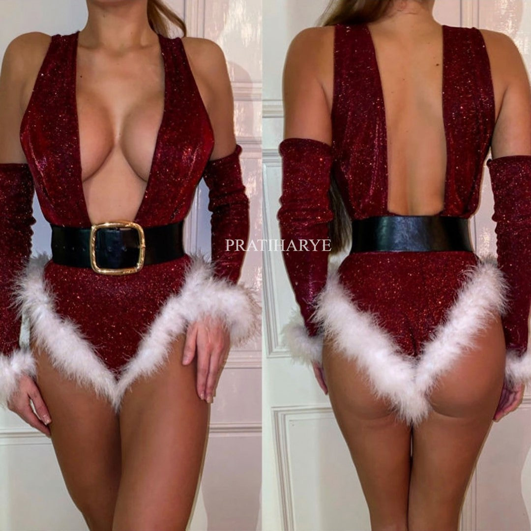 Front Cut Out Christmas Teddy Bodysuit - Pratiharye