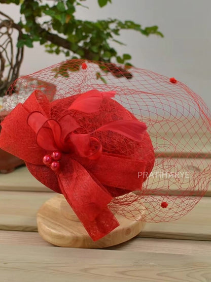 French Elegant Women Banquet Fascinator Hat With Veil Flowers Feather | HAT-14