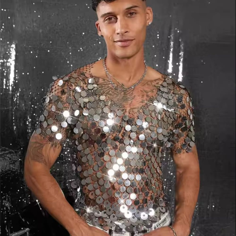 Men Silver Shimmer Mesh Top