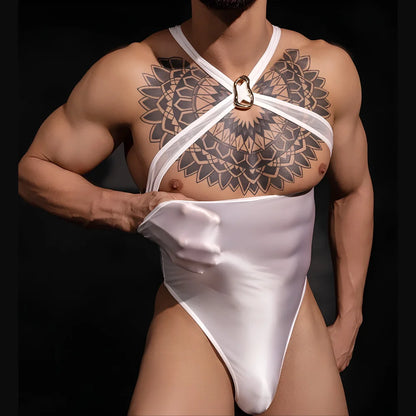 Sexy Men White Strappy Halter Bodysuit Lingerie