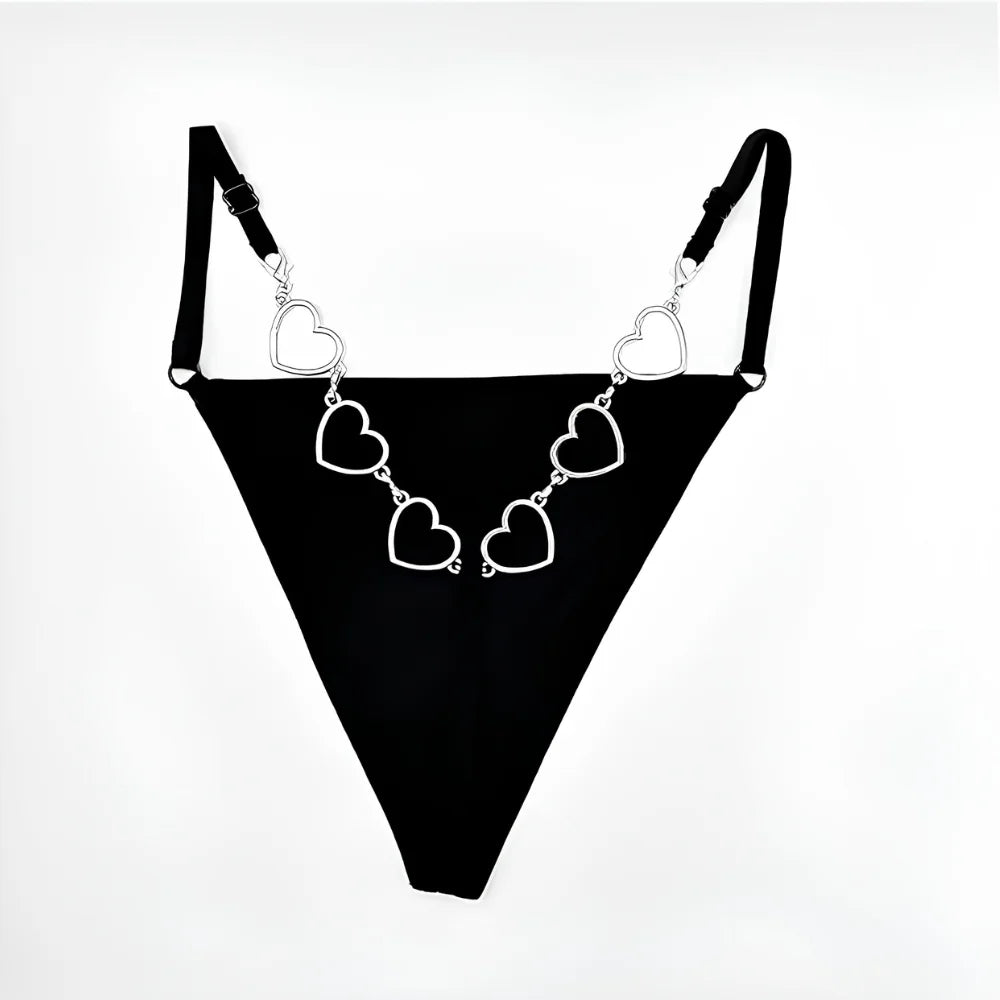 Black heart charm chain thong with adjustable side ties