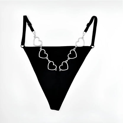 Black heart charm chain thong with adjustable side ties