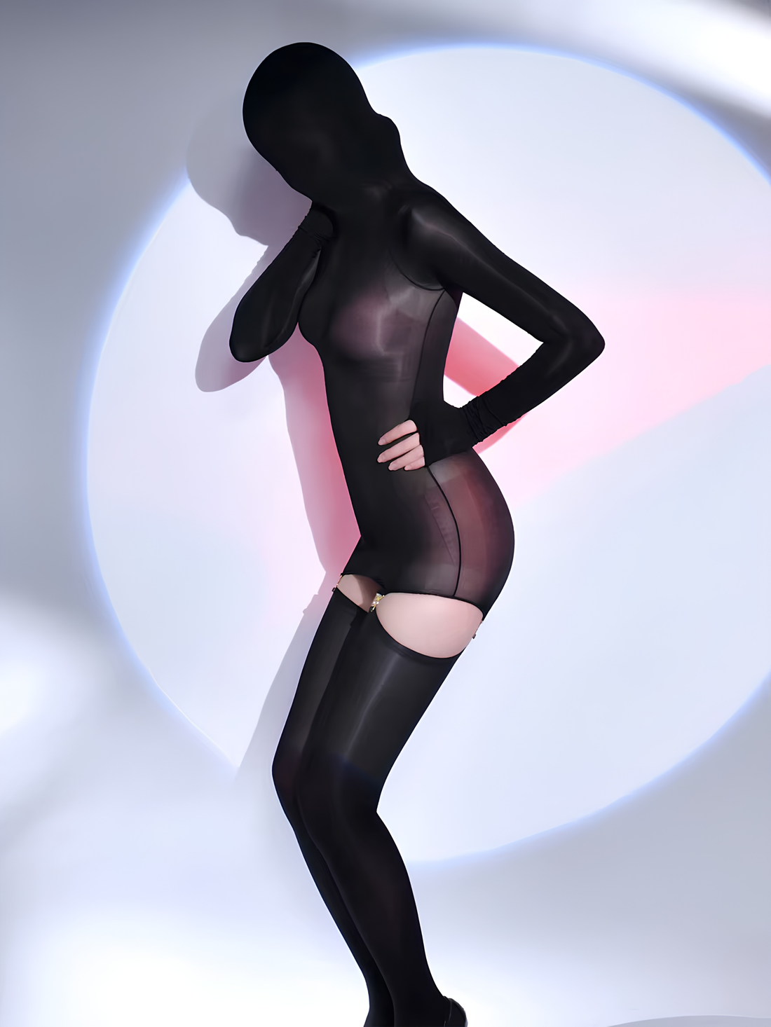 Semi  Zentai Suit Hooded Oil Glossy