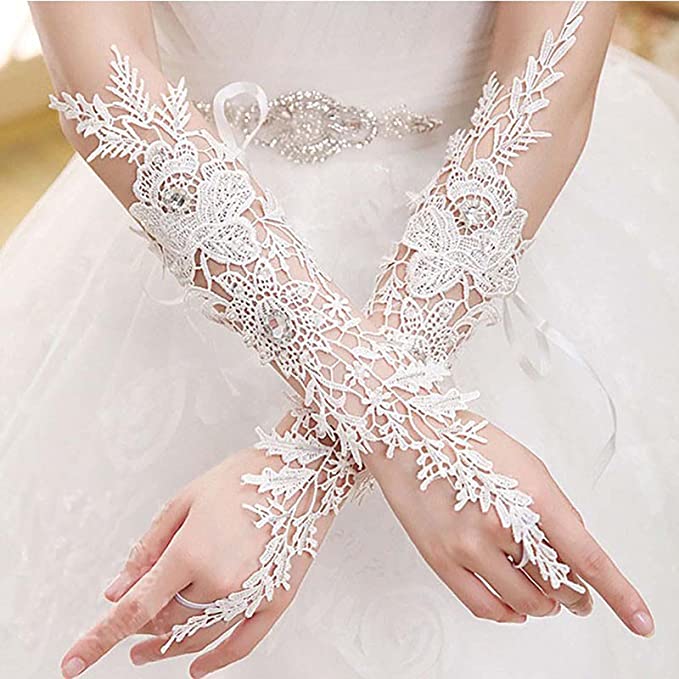 Long Bride Lace Gloves with Crystal Beading