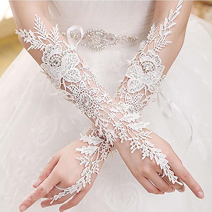 Pratiharye White Bride Lace Gloves Crystal Beading Elegant Gloves Wedding Accessories - SHORT and LONG