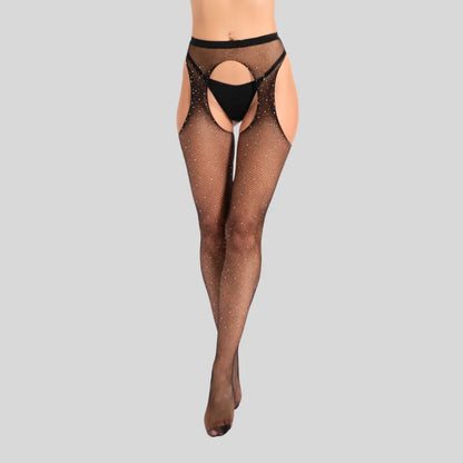 Open-Crotch Sheer Rhinestone Pantyhose