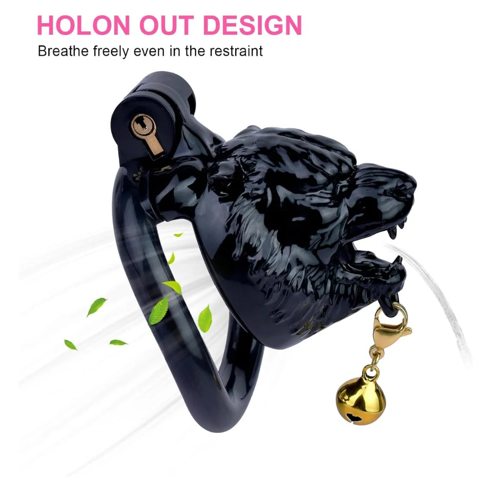 Black tiger resin chastity cage with gold charm and integrated lock