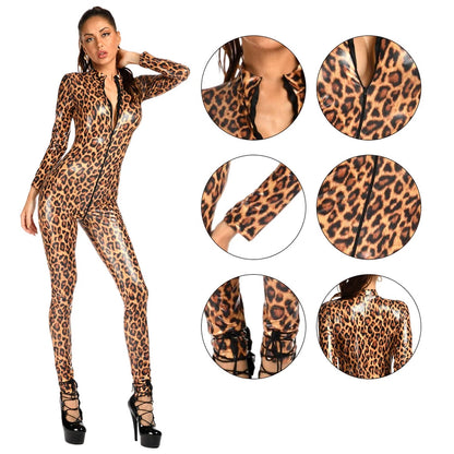 Leopard Print Full-Sleeve Zipper Catsuit