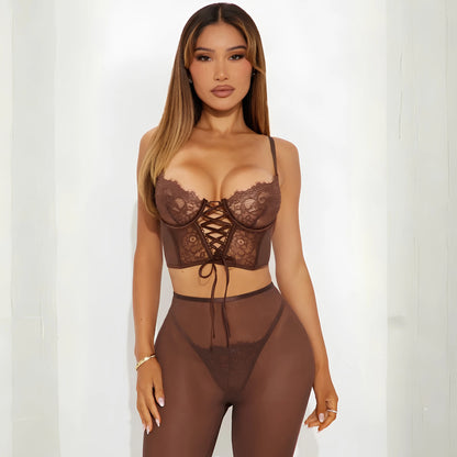 Brown Sexy Lingerie Lace Bustier Corset with Sheer Tights