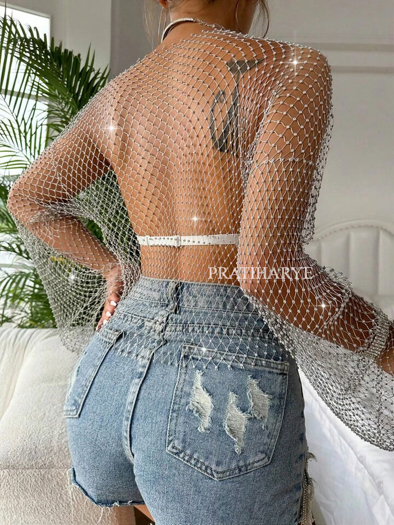 white fishnet crop top - Pratiharye