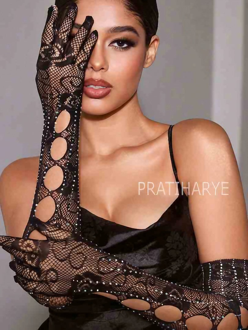 Rhinestone Fishnet Gloves