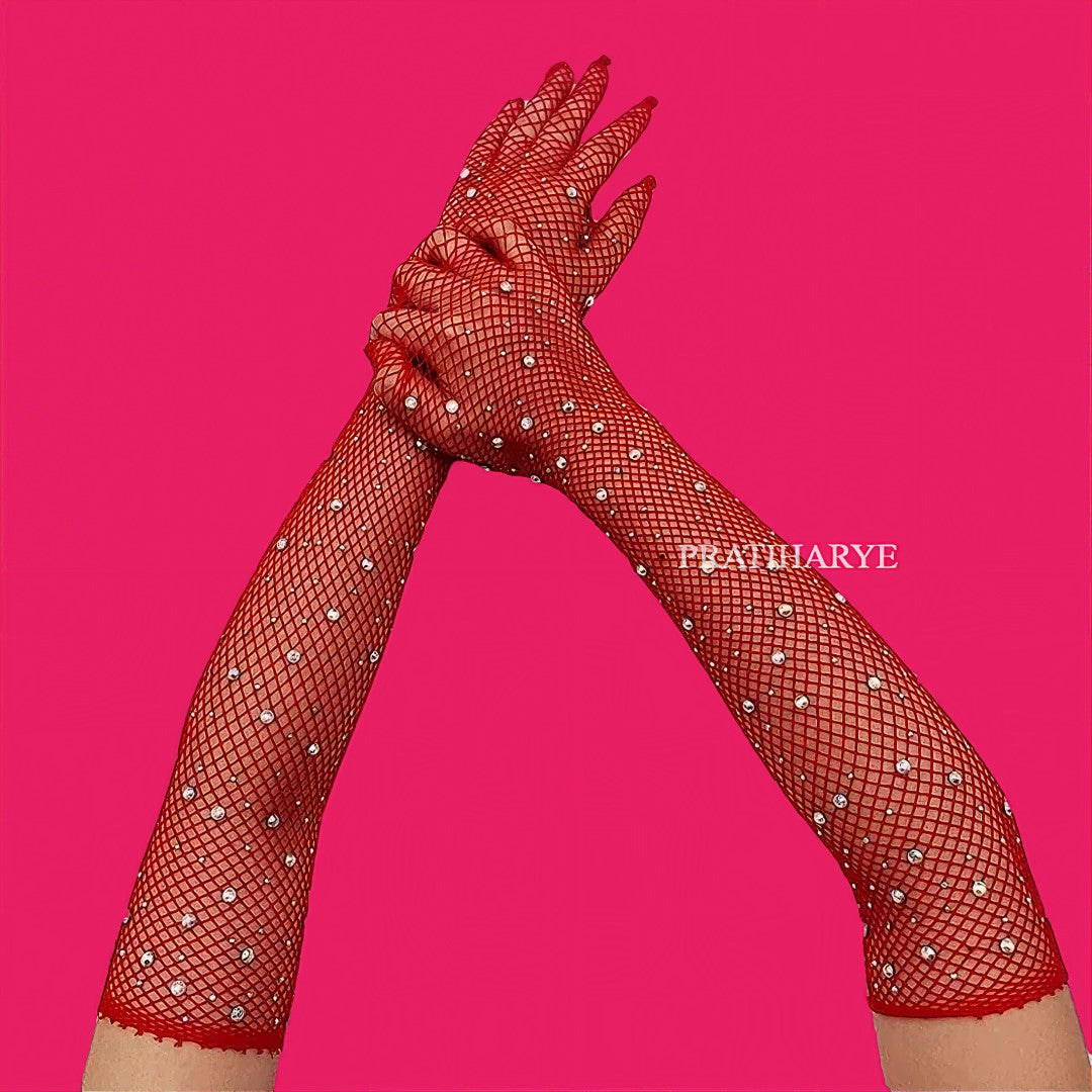 Rhinestone Fishnet Long Gloves