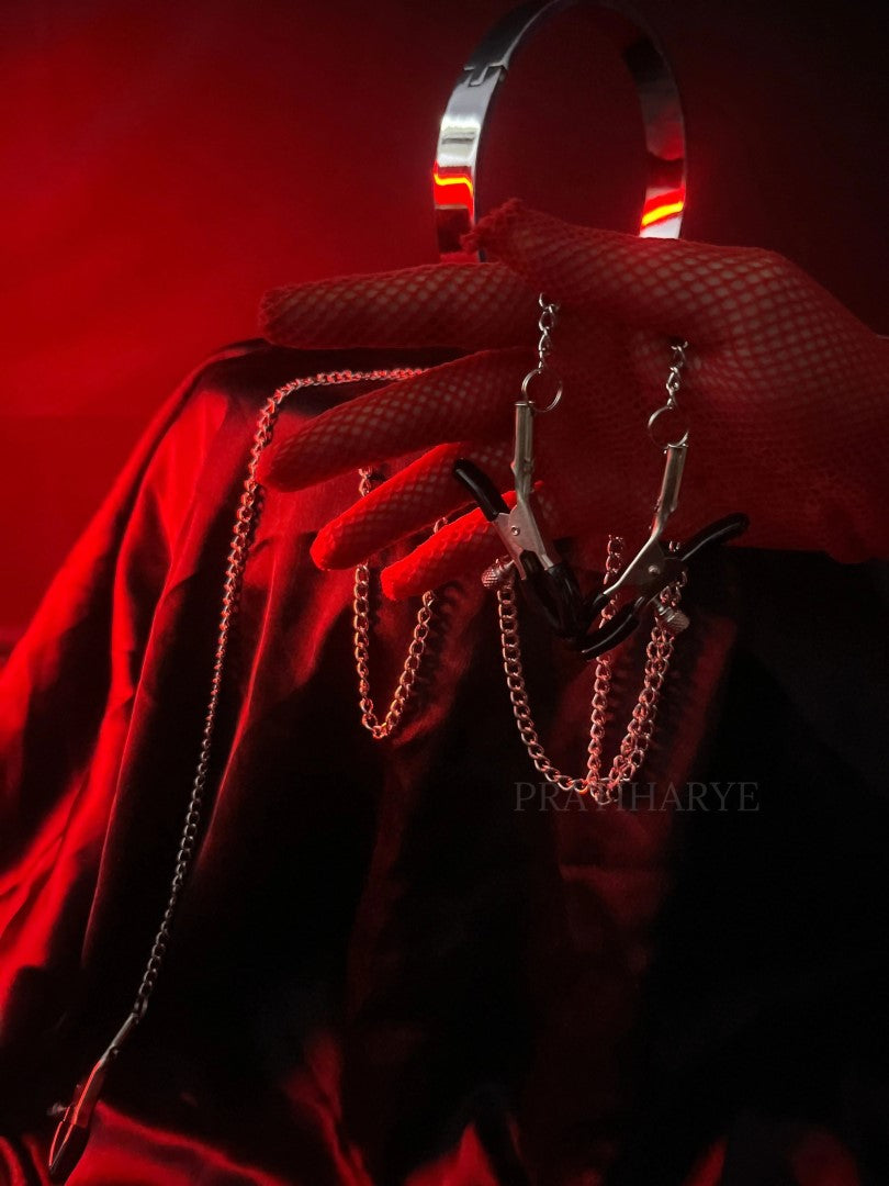 BDSM Metal Collar with Nipple Clamps