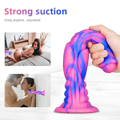 Hand holding pink and blue swirled silicone sex toy with flared base