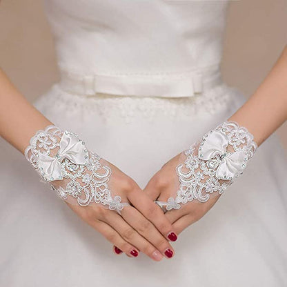 Short Bride Lace Gloves with Crystal Beading