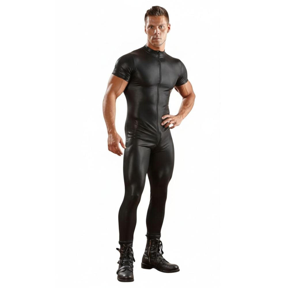 Men Pu Leather Half Sleeve Jumpsuit Matt Finish