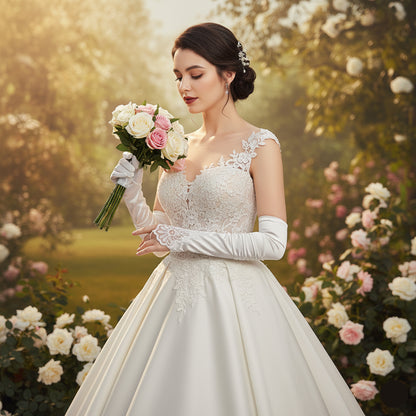 Elegant White Satin Bridal Gloves with Lace Detailing