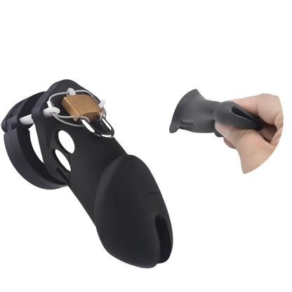 Long Neck Silicone Male Chastity Cage lock -  Black