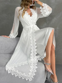 2pc Blossom Sheer Luxury Satin Chemise and Lace Robe
