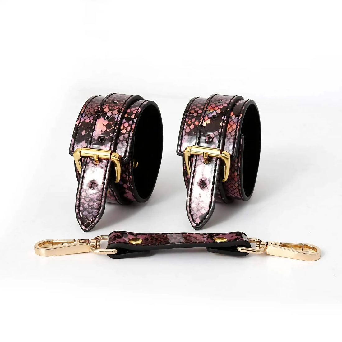 Snake Print BDSM Collar &amp; Cuffs Set with Gold Chain
