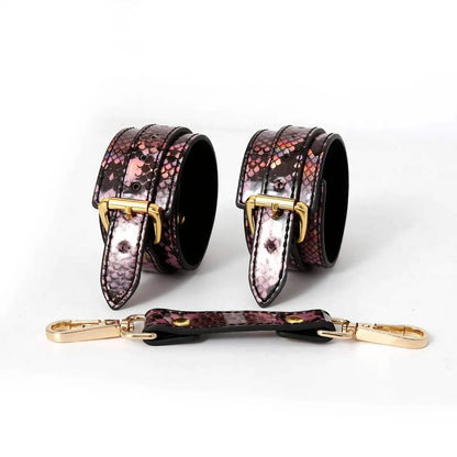 Snake Print BDSM Collar &amp; Cuffs Set with Gold Chain