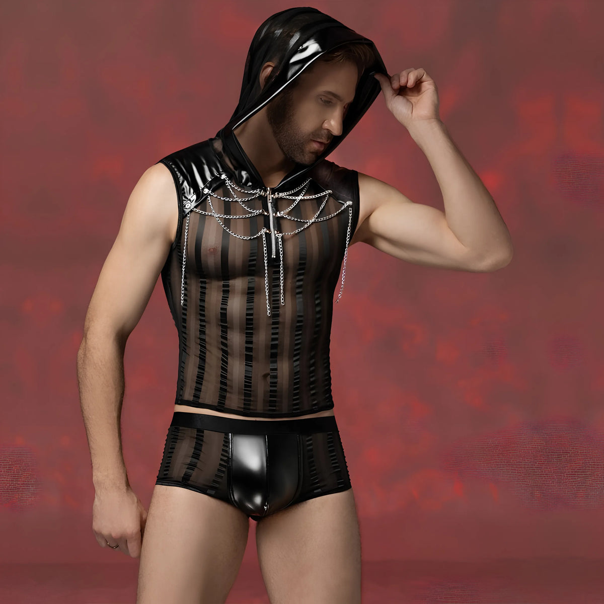 Men’s Sexy Lingerie Chain-Striped Hood Top &amp; Shorts Set