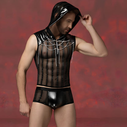 Men’s Sexy Lingerie Chain-Striped Hood Top &amp; Shorts Set