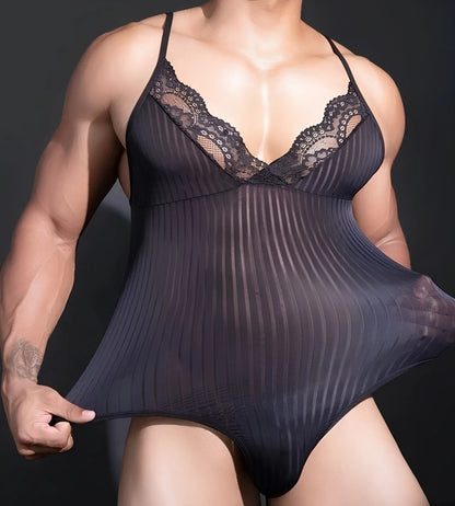 Men’s Sheer Striped LingerieLace Bodysuit Teddy