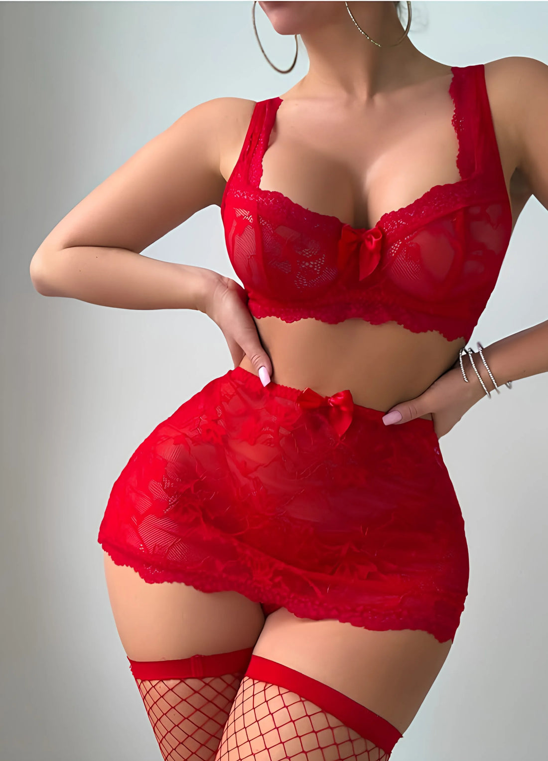 Sexy Lingerie Red Floral Lace Garter Set