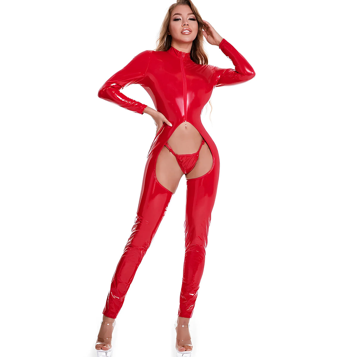 PVC Full Sleeves Sexy Cut out Catsuit